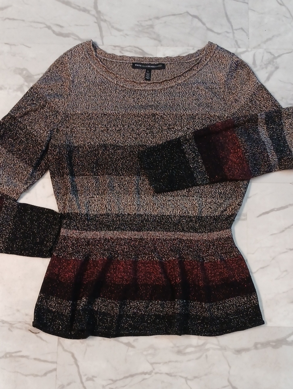 White House Black Market Peplum Metallic Striped Sweater L